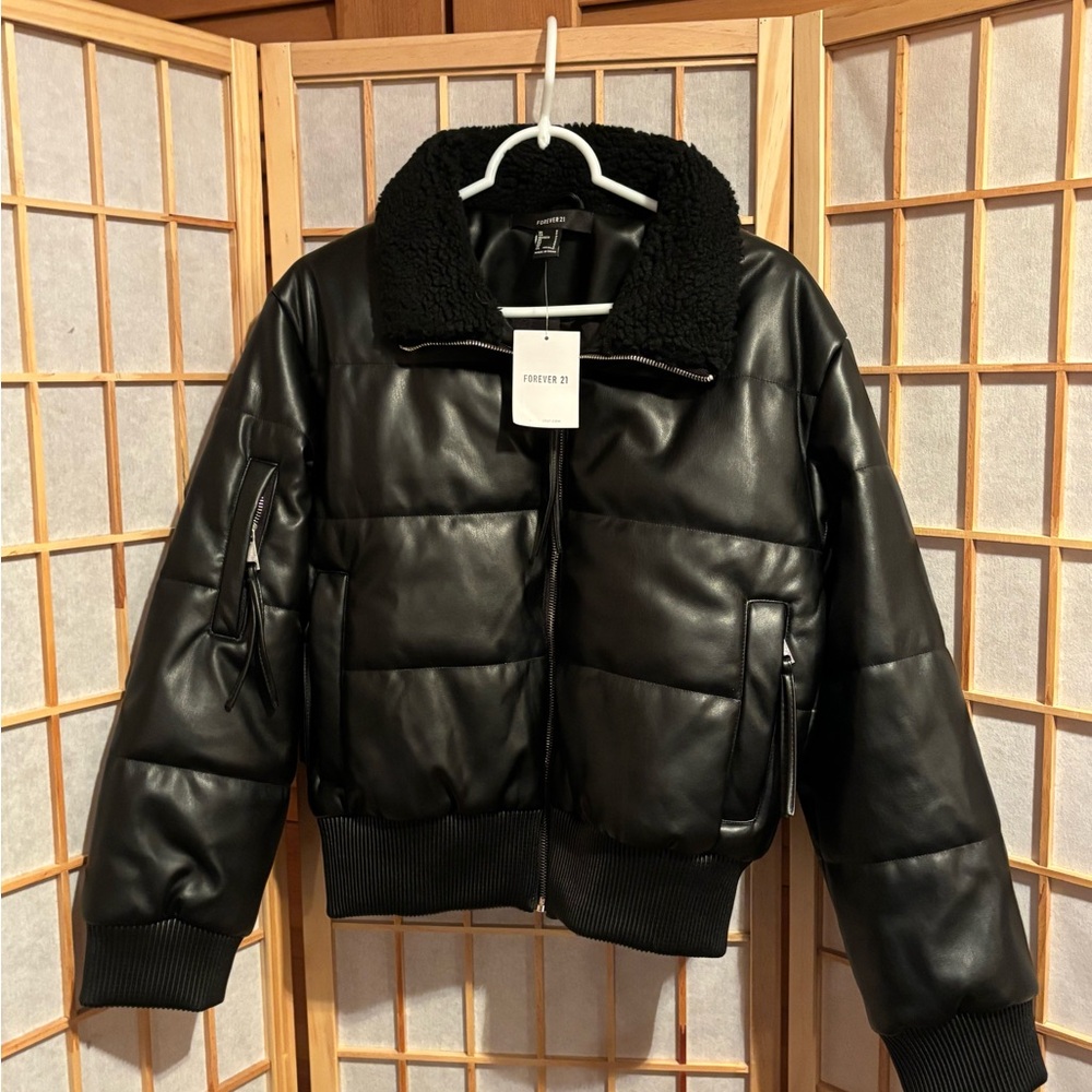 Forever 21 Black Faux Leather Puffer with Sherpa Collar